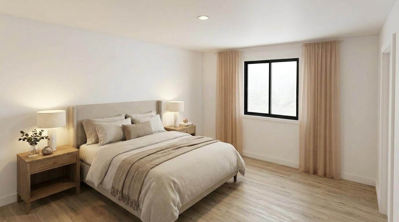 Primary bedroom rendering with an upholstered bed, wood nightstands, lamps and a wide window with sheer curtains.