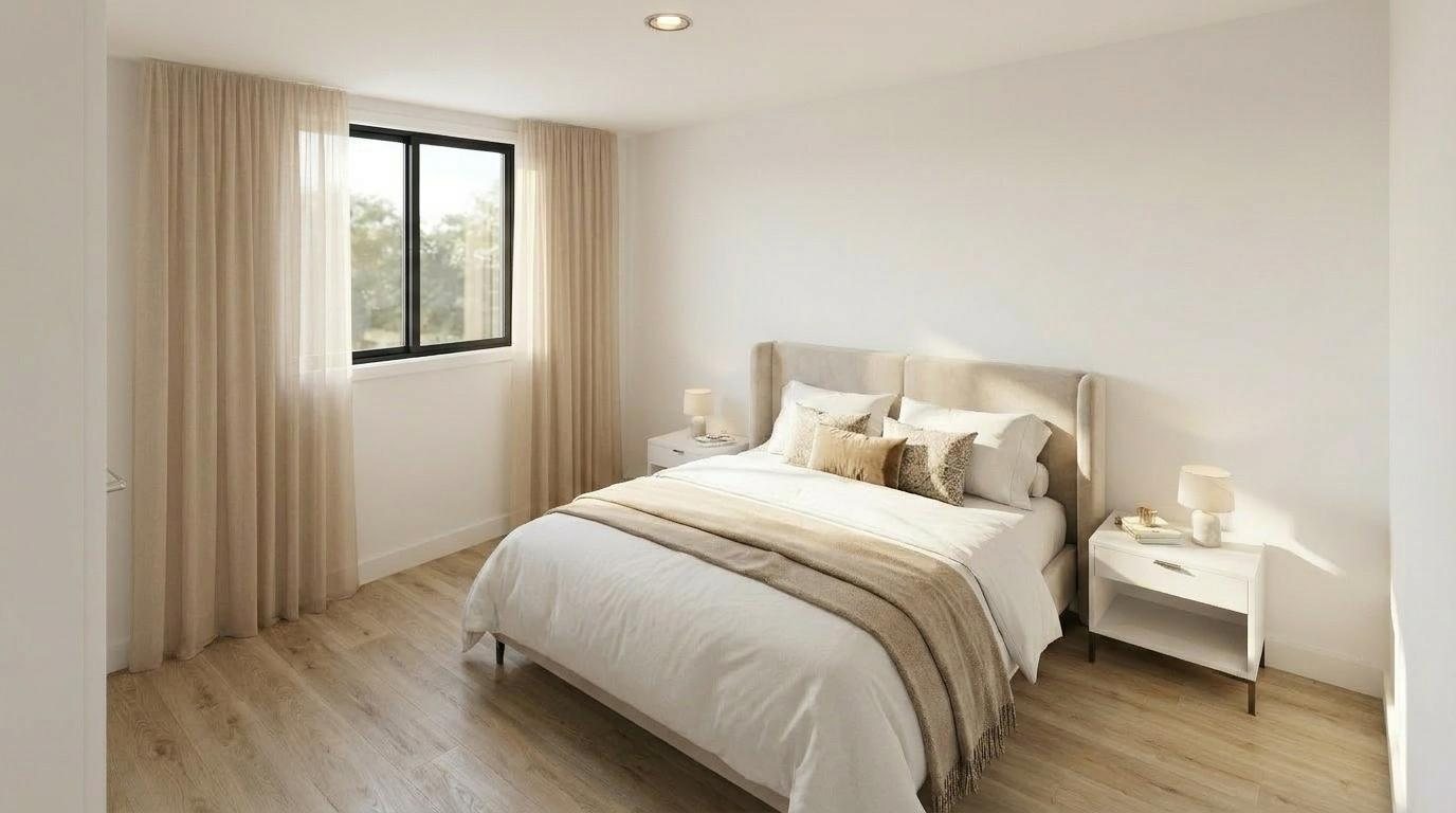 Secondary bedroom rendering with an upholstered bed, white nightstands and a black-framed window.