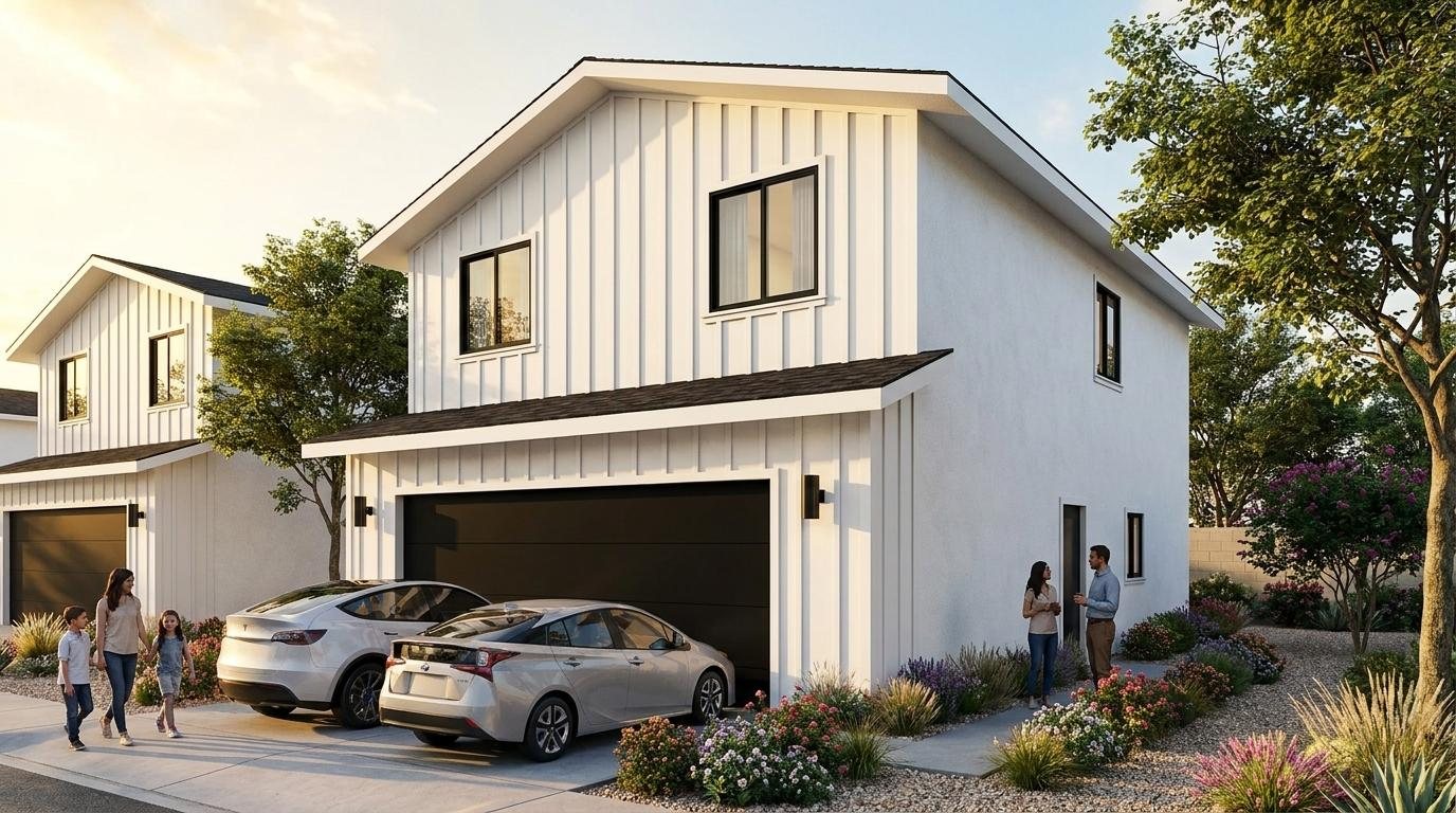 Rendering of a corner unit at dusk: white board-and-batten siding, black windows, two-car garage, cars in the driveway and a family walking on the sidewalk.