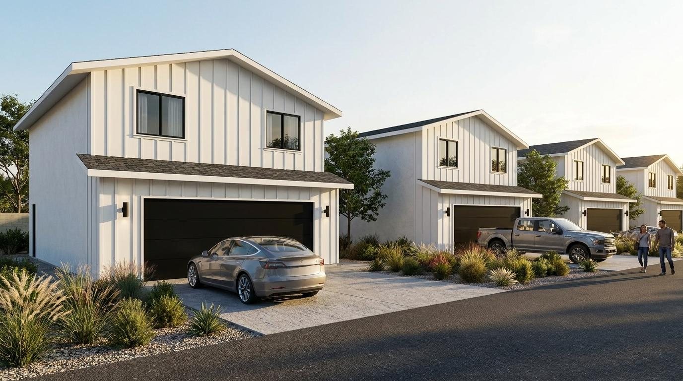 Rendering of the Kern Canyon Villas street frontage: white board-and-batten duplexes with dark gabled roofs, black two-car garage doors and drought-tolerant landscaping.