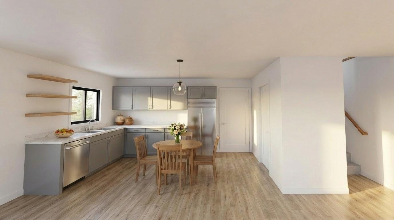 Kitchen rendering with gray flat-panel cabinetry, marbled quartz counters, open wood shelving, stainless appliances and a round dining table beside the stairs.