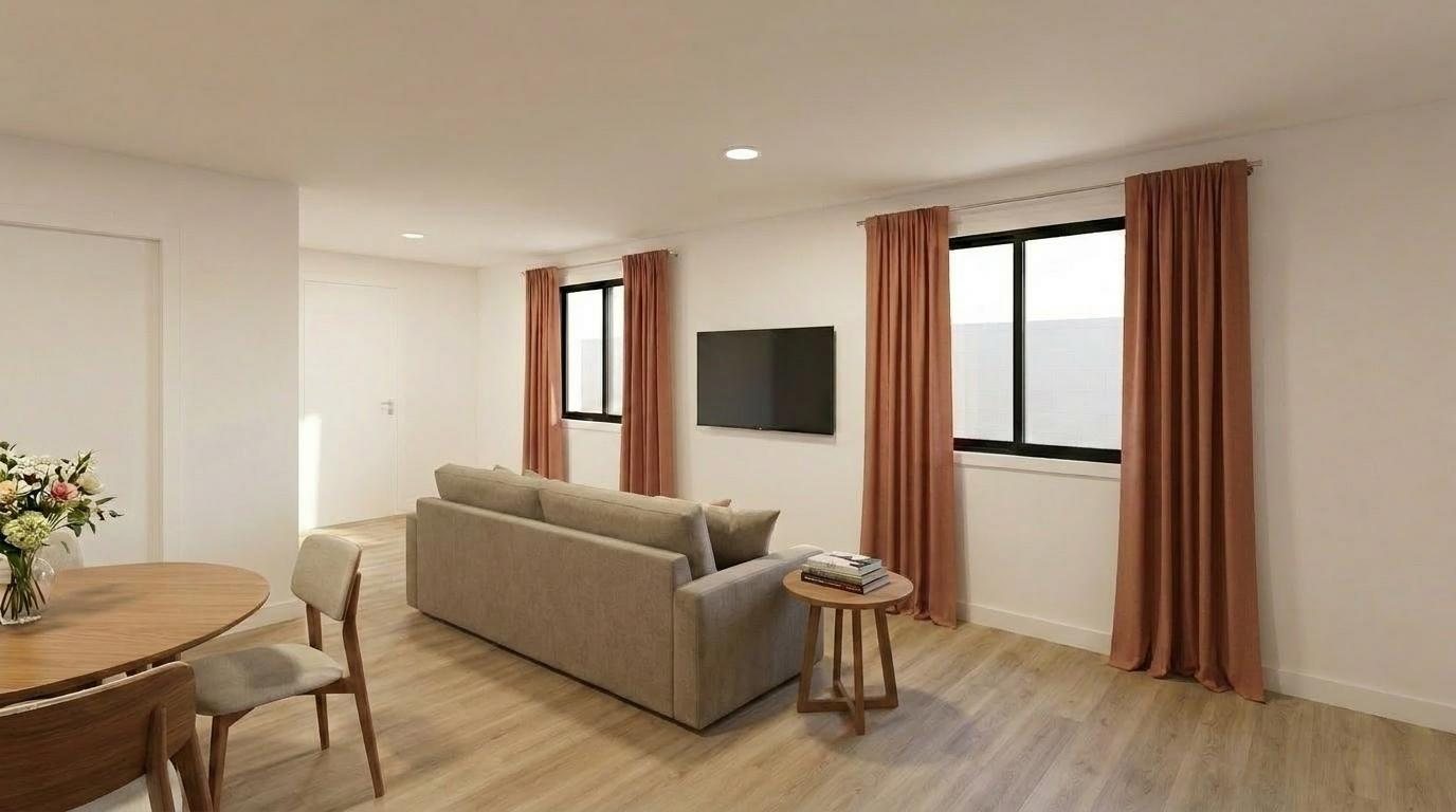 Living room rendering with a gray sofa, wall-mounted television, two windows with terracotta curtains and wide-plank light wood flooring.