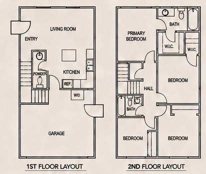 First and second floor layouts. Ground floor: entry, living room, kitchen, powder room, laundry and garage. Second floor: primary bedroom with two walk-in closets and en suite bath, three additional bedrooms and a hall bath.